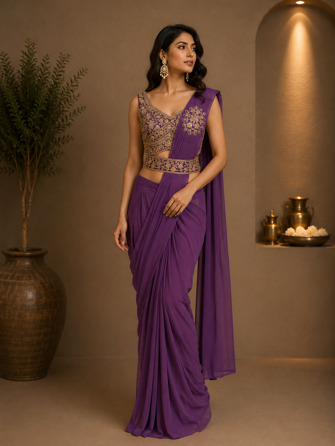 Purple Lycra Designer Saree with Heavy Embroidered Blouse