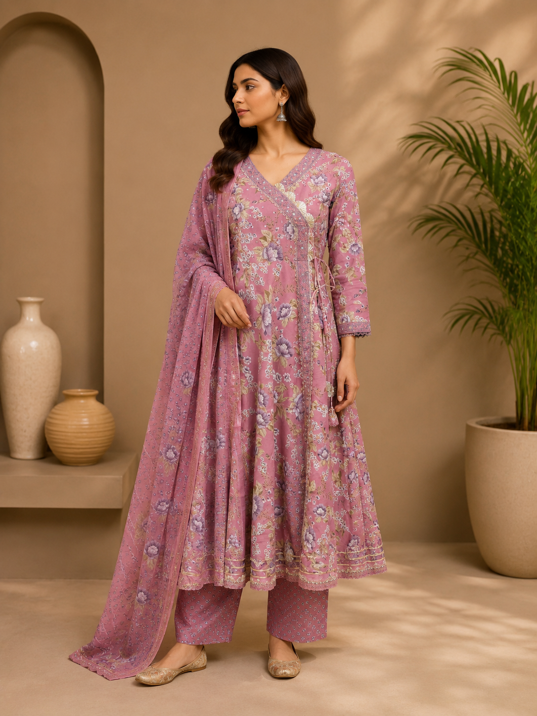 Women's Cotton Angrakha Kurta Pant Set with Dupatta & Gota Patti Work