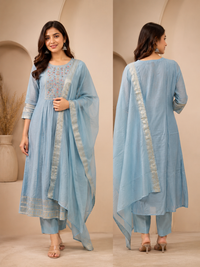 Sky Blue Chanderi A-Line Embroidered Suit Set with Dupatta