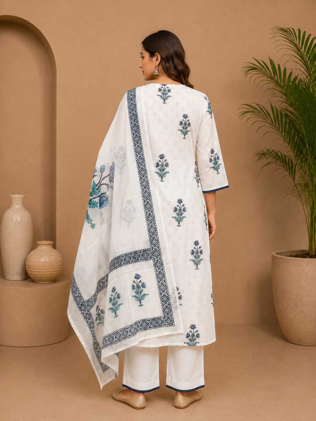 Women's Cotton Block Print Kurta Pant Set with Dupatta