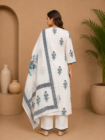 Women's Cotton Block Print Kurta Pant Set with Dupatta