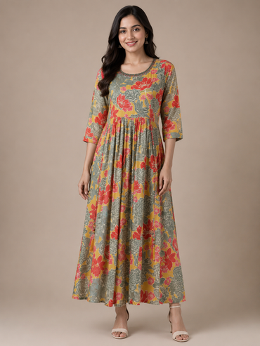 Mustard Floral Imported Lycra A-Line Maxi Dress