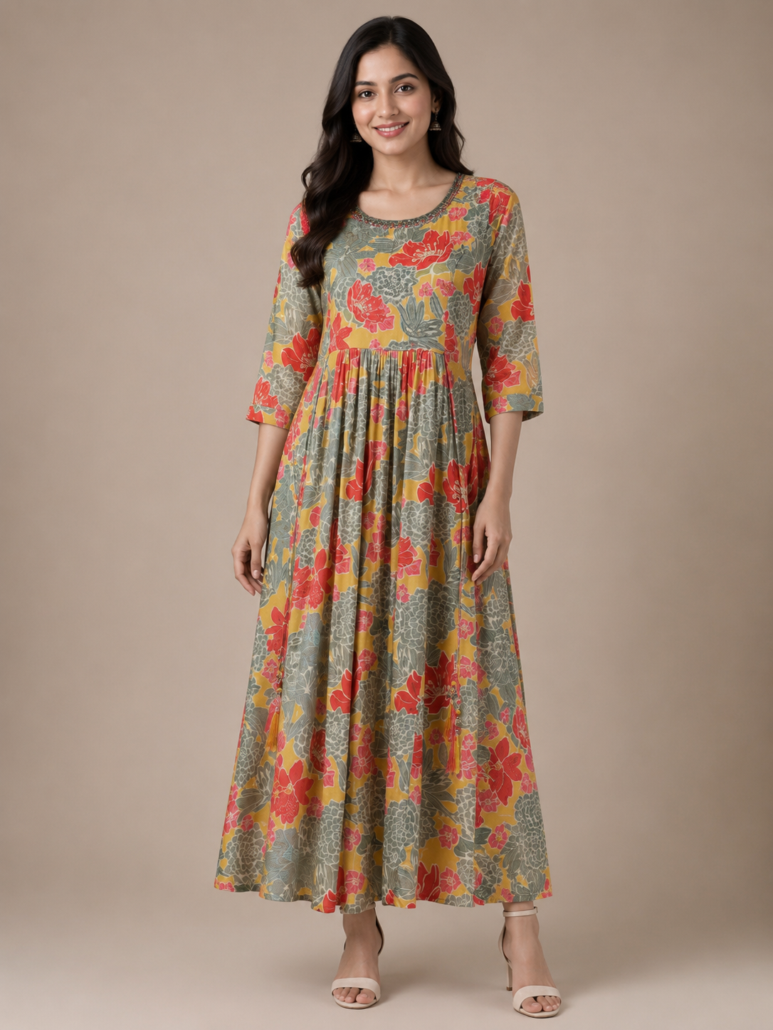 Mustard Floral Imported Lycra A-Line Maxi Dress