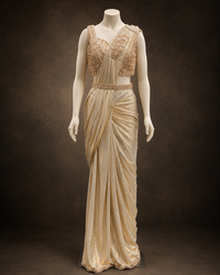 Premium Imported Lycra Pre-Draped Saree with Embellished Blouse – Champagne Gold