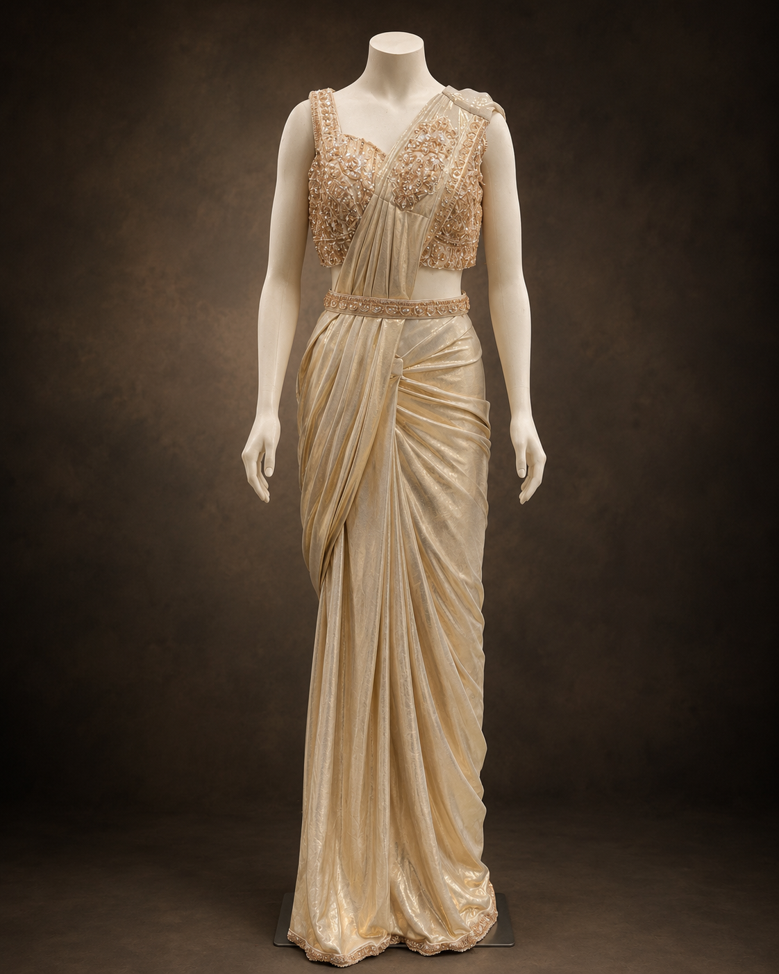 Premium Imported Lycra Pre-Draped Saree with Embellished Blouse – Champagne Gold
