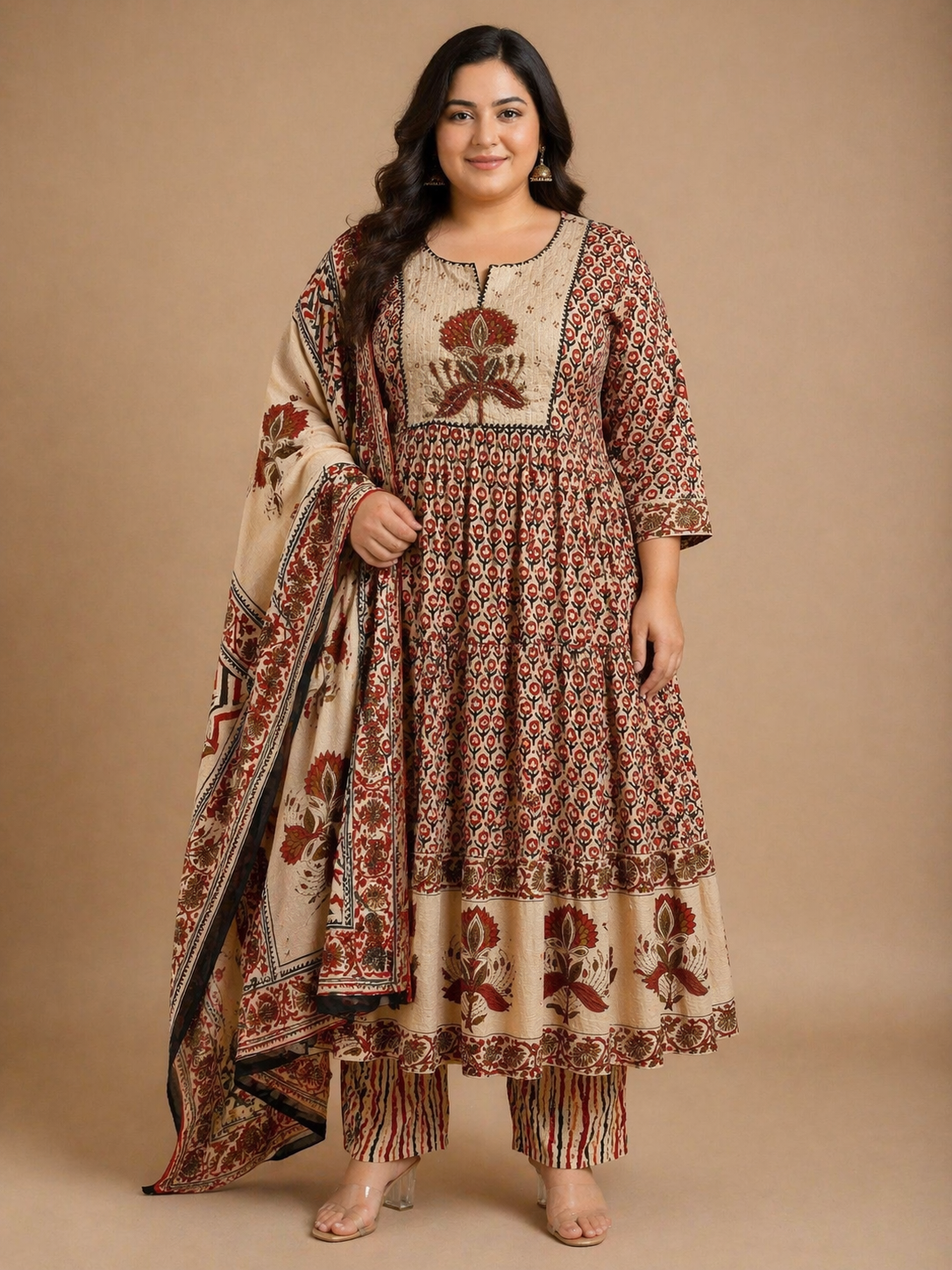 Women's Beige & Maroon Printed Cotton Anarkali Kurta Pant Set with Dupatta