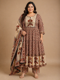 Women's Beige & Maroon Printed Cotton Anarkali Kurta Pant Set with Dupatta