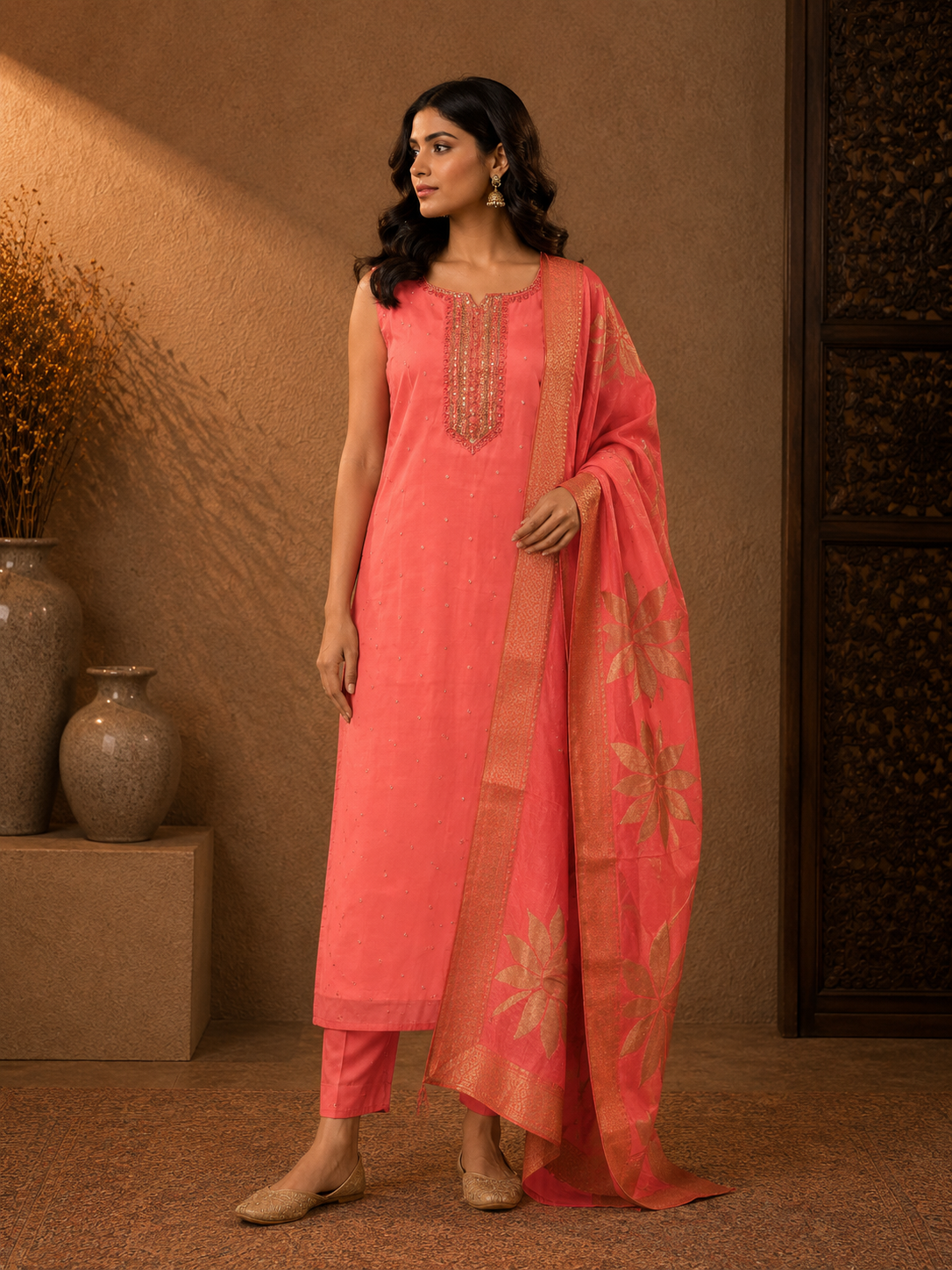 Coral Pink Vichitra Silk Straight Kurta Set with Woven Dupatta