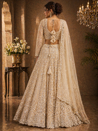 Women's Champagne Gold Embroidered Net Lehenga Choli with Dupatta