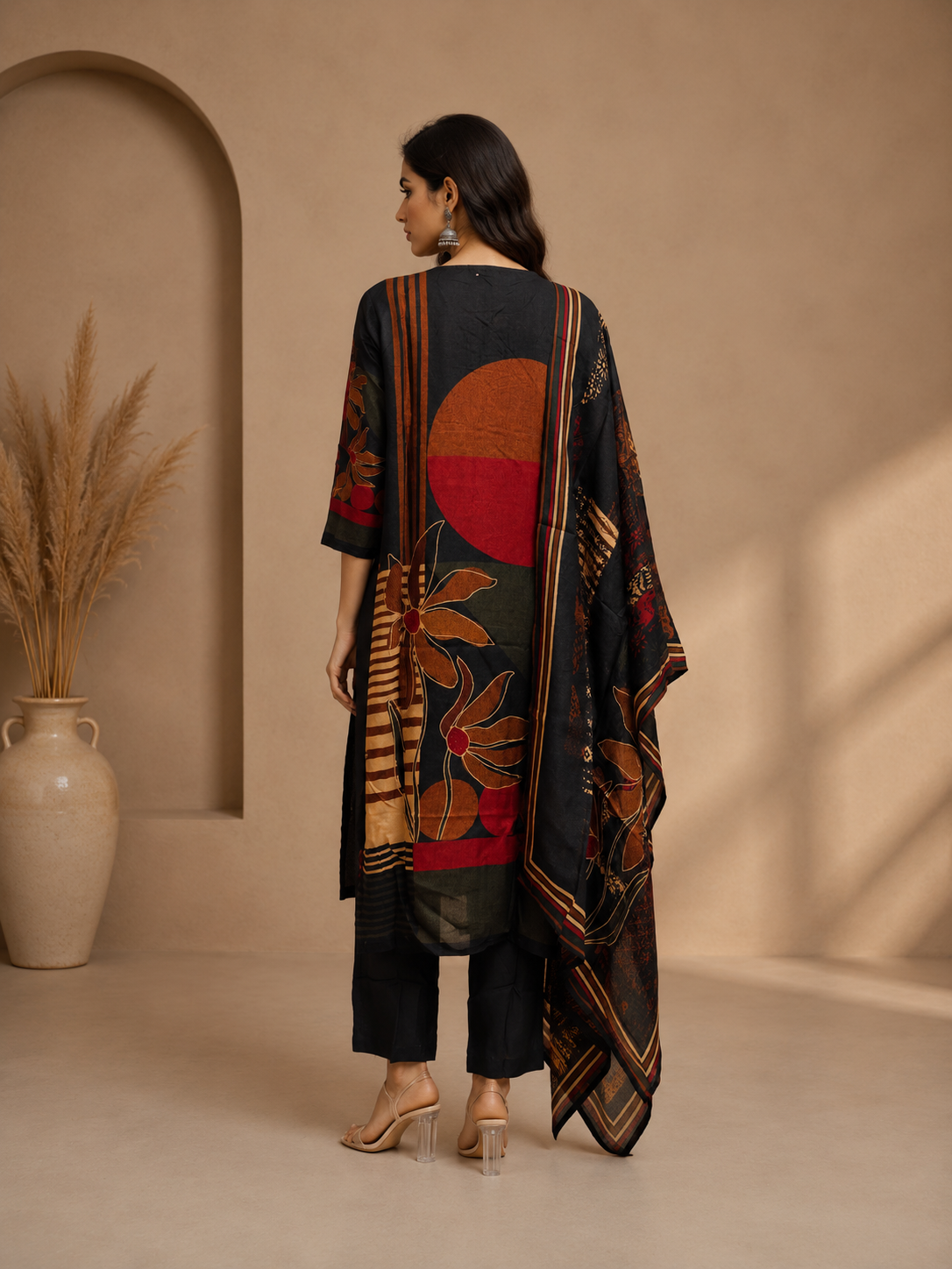 Black Floral Printed Cotton Blend Kurta Set with Dupatta