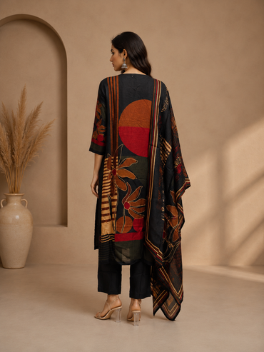 Black Floral Printed Cotton Blend Kurta Set with Dupatta