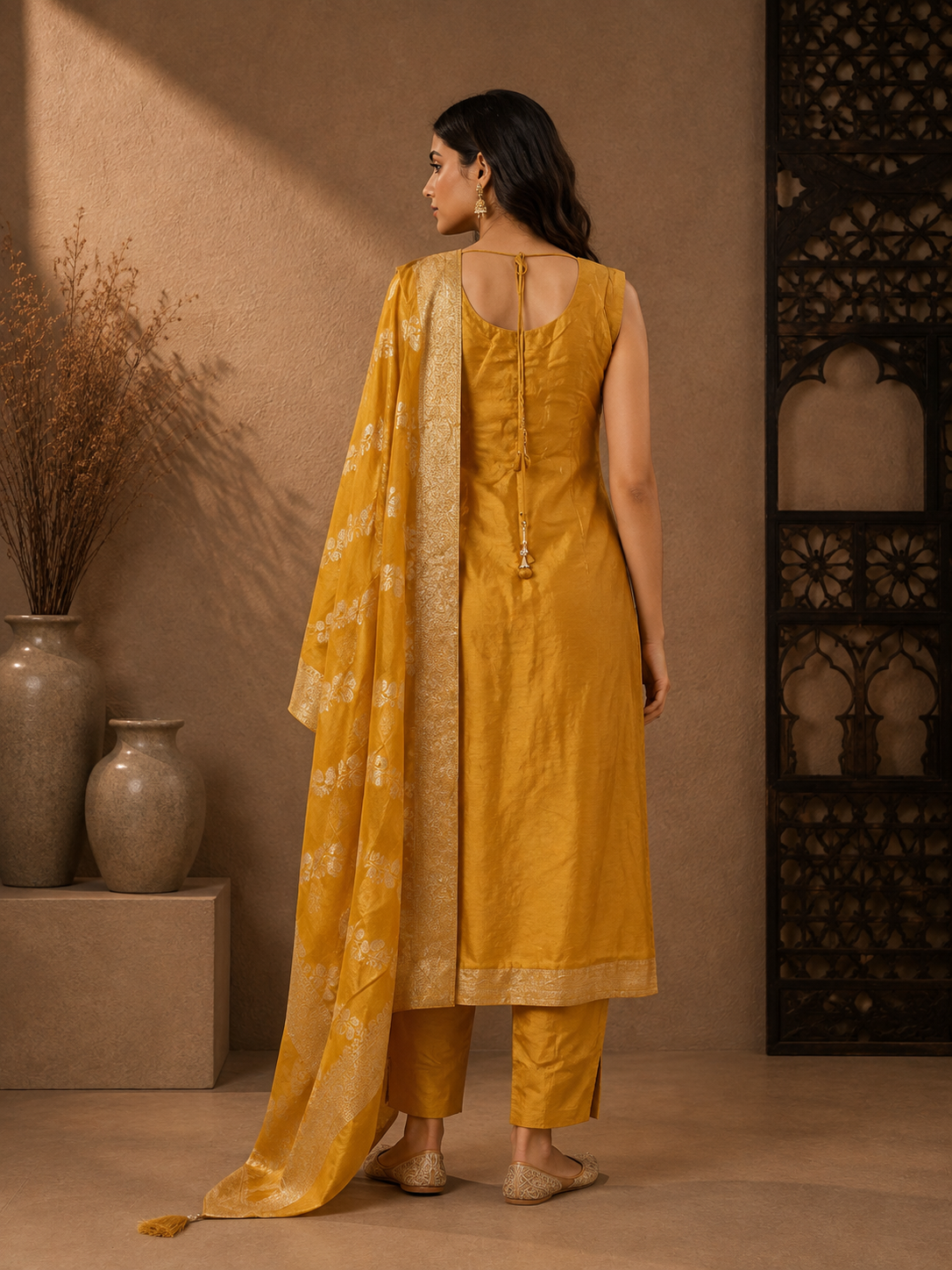 Mustard Yellow Banarasi Silk Embroidered Kurta Set with Woven Dupatta