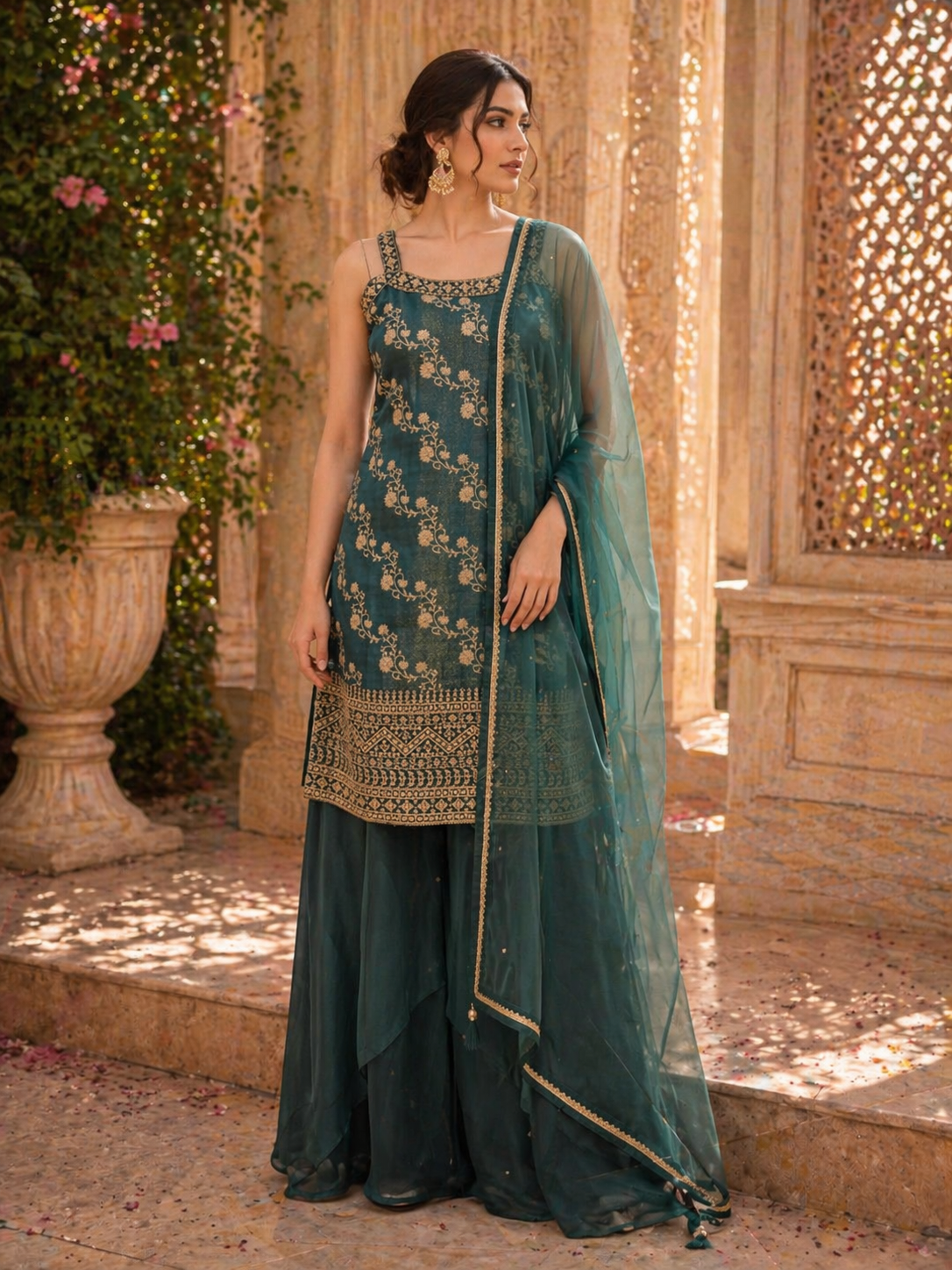 Deep Teal Tissue Silk Kurta Set with Palazzo & Embroidered Dupatta | Festive & Wedding Wear