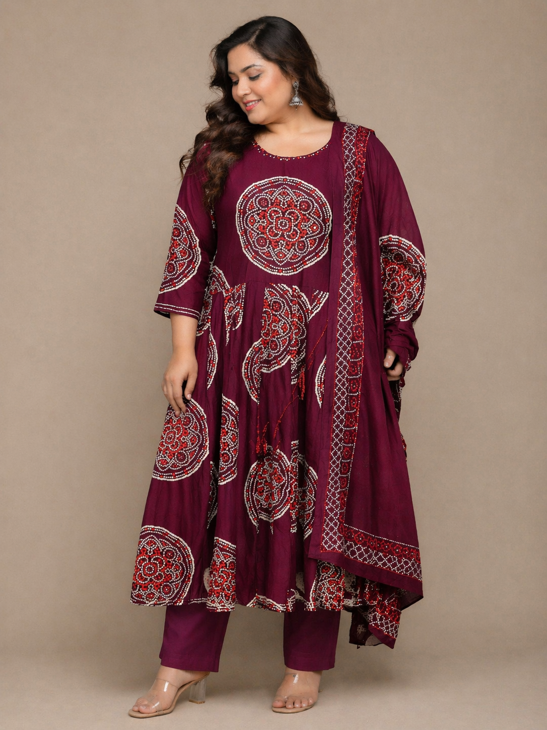 Maroon Printed Cotton Kurta Set with Dupatta (Plus Size Friendly)