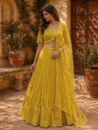 Yellow Embroidered Net Lehenga Set