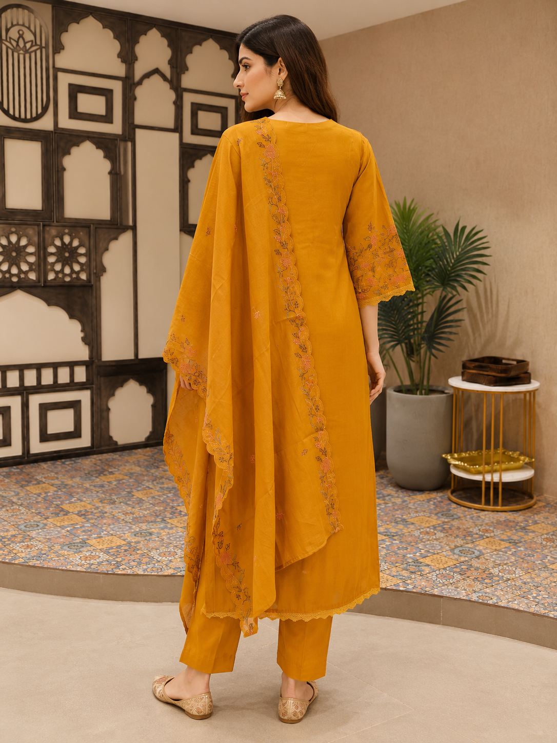 Mustard Yellow Mul Chanderi Embroidered Anarkali Kurta Set with Dupatta