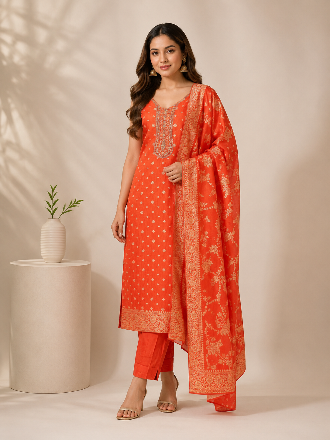 Orange Silk Embroidered Kurta Set with Pants & Dupatta