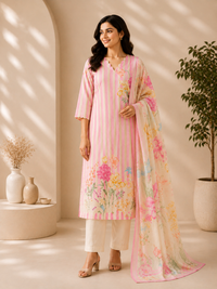 Women's Floral Print Soft Silk Kurta Pant Set with Dupatta