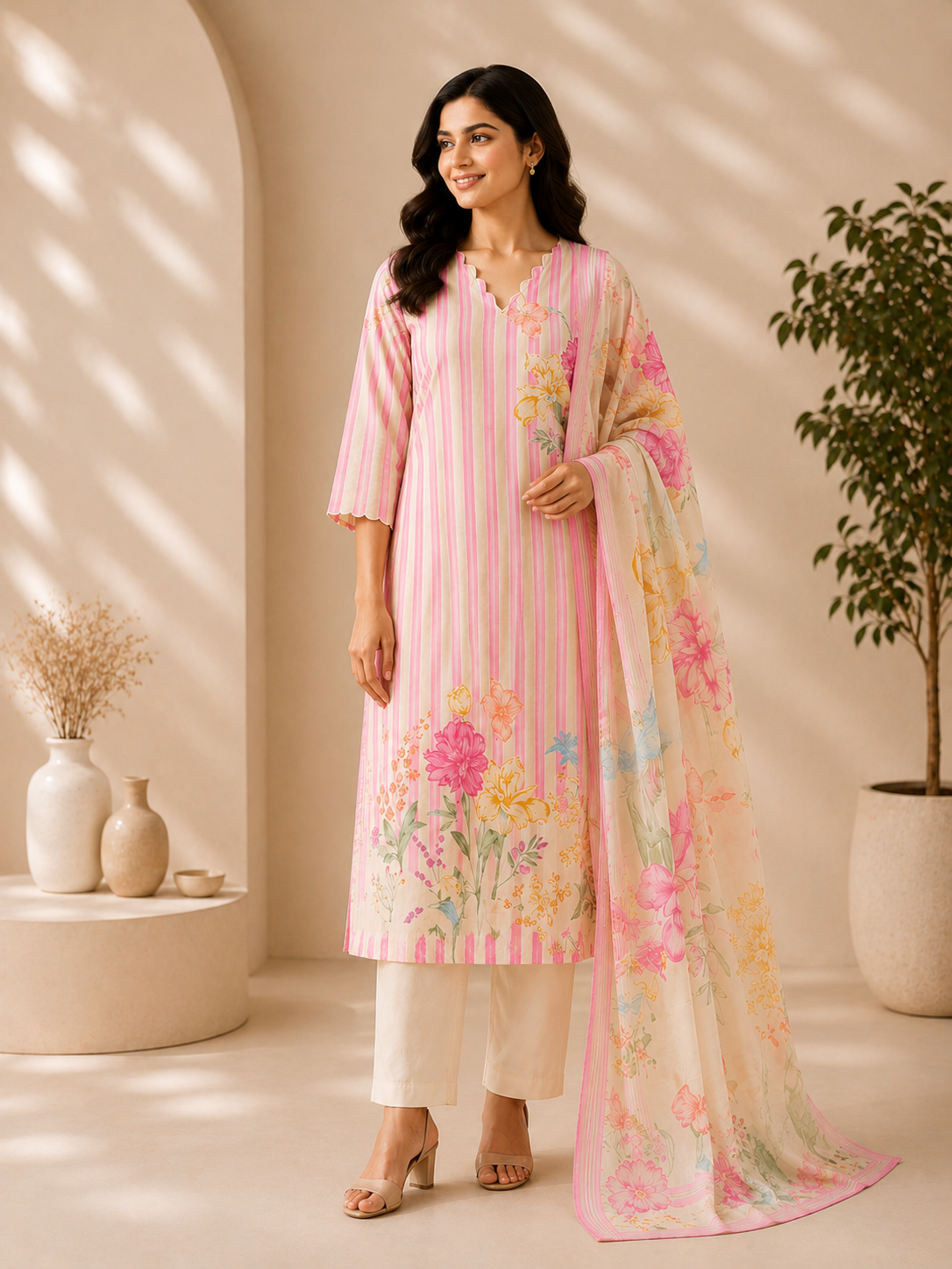 Women's Floral Print Soft Silk Kurta Pant Set with Dupatta