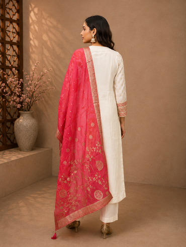 Ivory Silk Embroidered Kurta Set with Pink Banarasi Silk Dupatta
