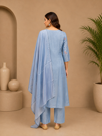 Women's Mul Chanderi Embroidered Kurta Pant Set with Dupatta