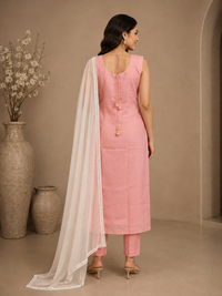 Pink Silk Embroidered Kurta Set with Elegant Net Dupatta