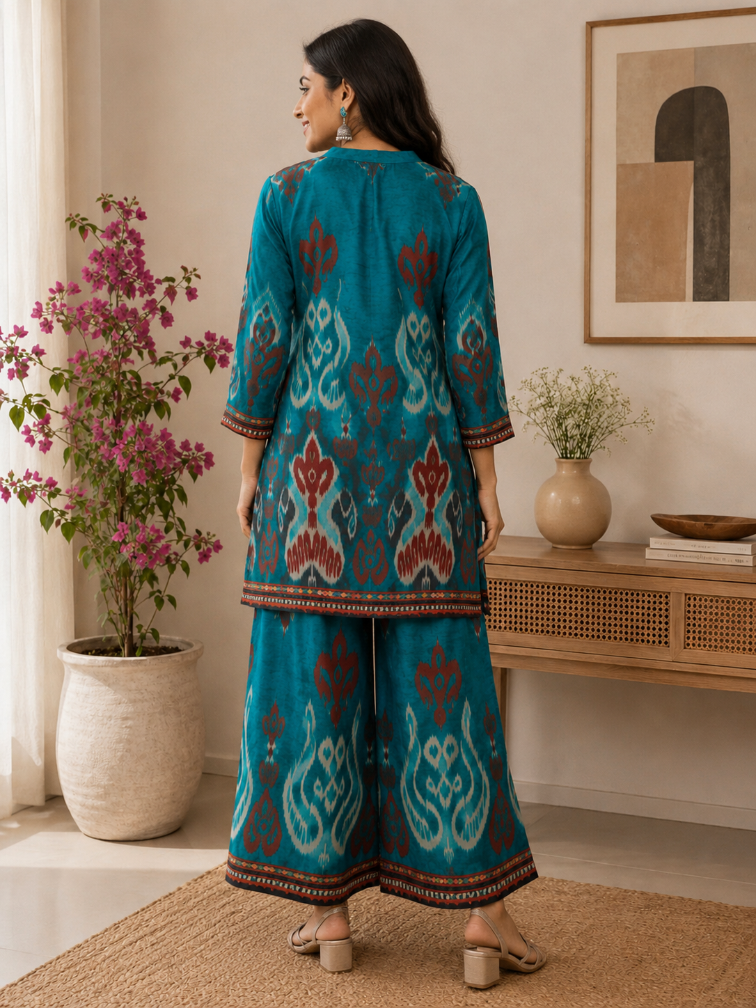 Turquoise Blue Muslin Printed Kurta Set with Palazzo Pants