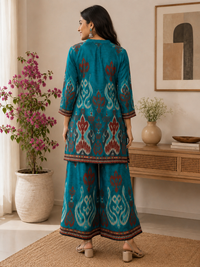 Turquoise Blue Muslin Printed Kurta Set with Palazzo Pants