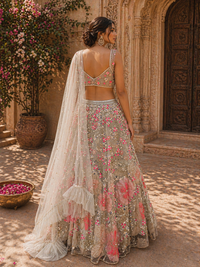 Designer Net Lehenga Set with Multicolor Floral Embroidery & Embellished Blouse | Bridal & Festive Wear