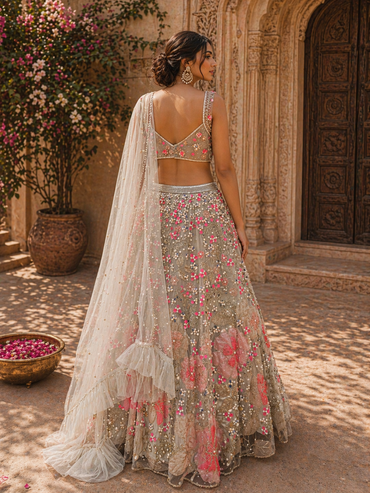 Designer Net Lehenga Set with Multicolor Floral Embroidery & Embellished Blouse | Bridal & Festive Wear