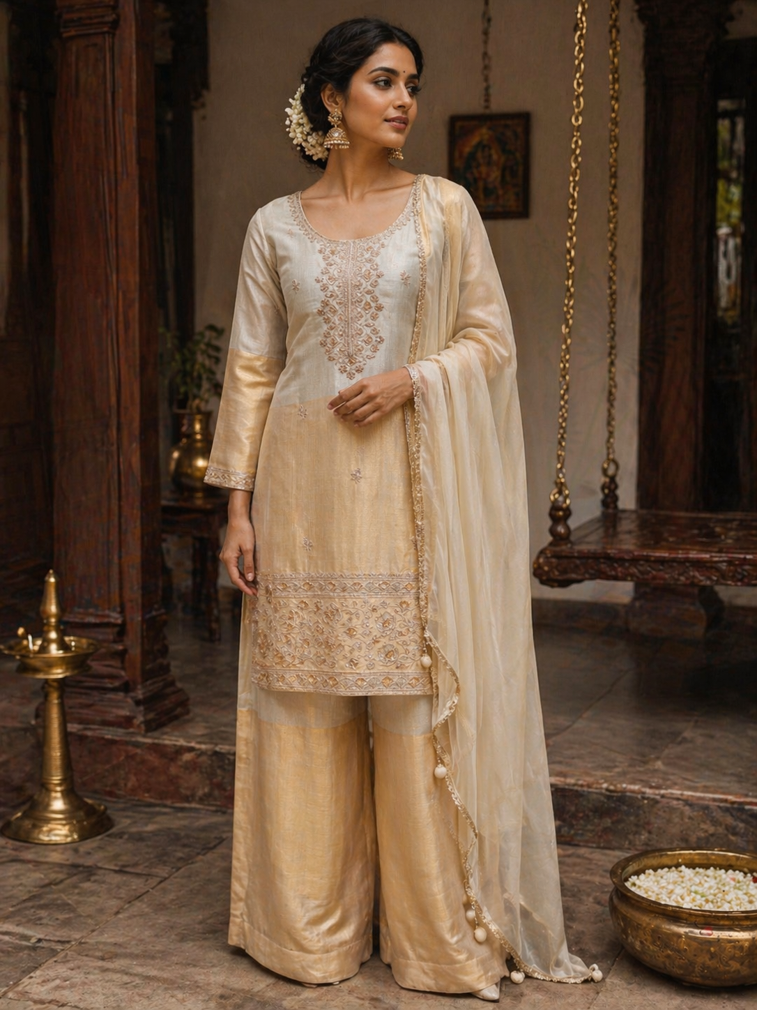 Ivory Gold Silk Kurta Set with Palazzo & Dupatta | Elegant Wedding & Festive Wear