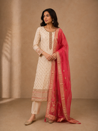 Ivory Silk Embroidered Kurta Set with Pink Banarasi Silk Dupatta