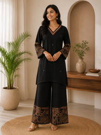 Women's Black Rayon Kurta Palazzo Set with Mirror Work
