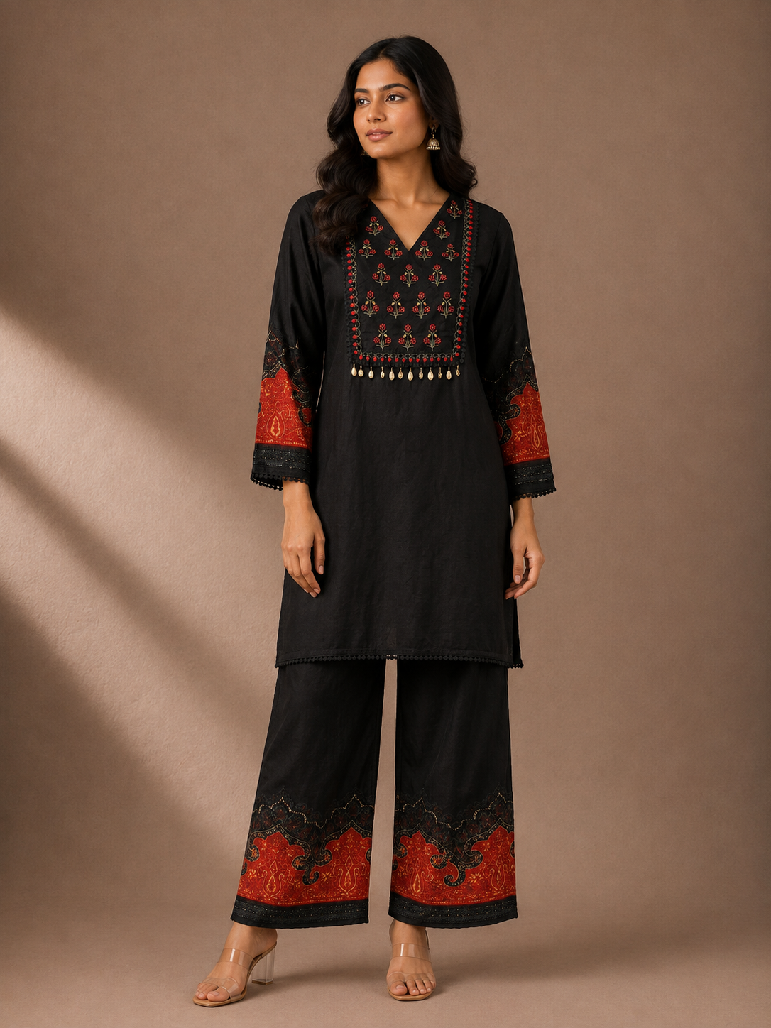 Black Silk Blend Embroidered Kurta Pant Set