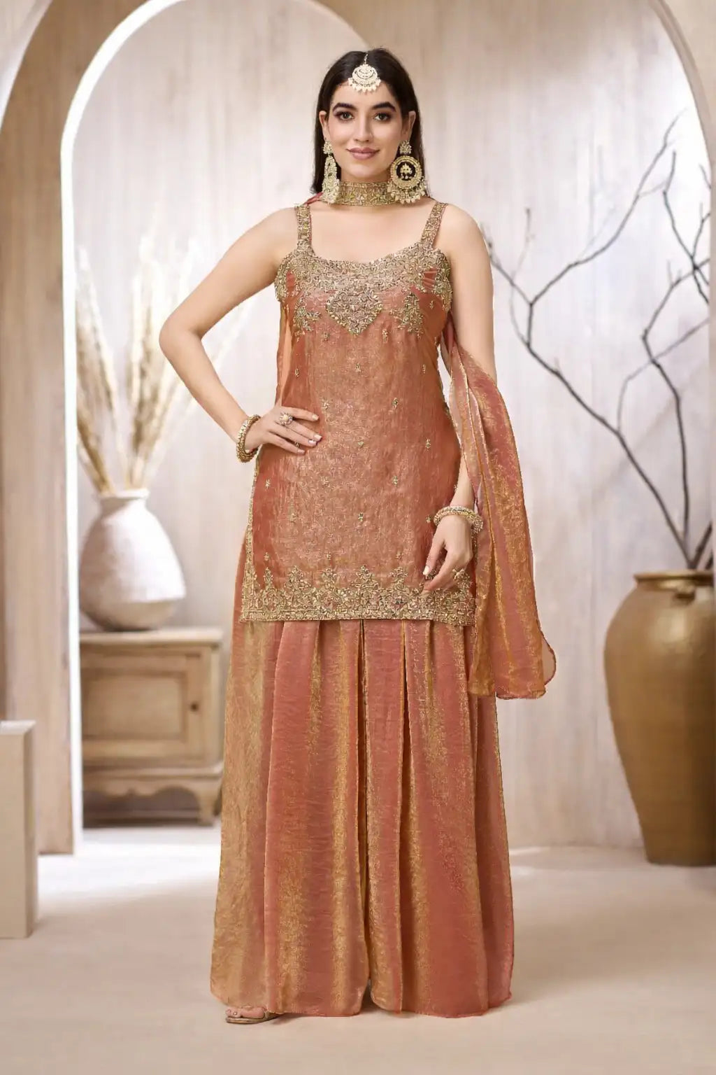 Copper Tissue Embroidered Kurta Lehenga Set with Dupatta