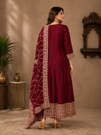 Wine Embroidered Anarkali Suit Set