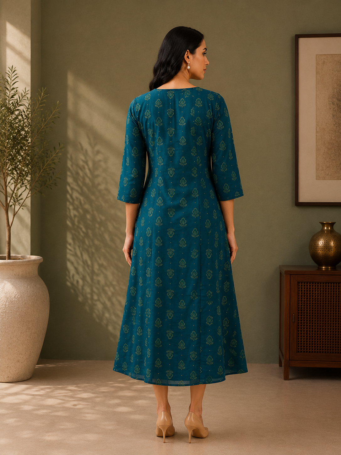 Teal Green Muslin Silk Printed A-Line Dress for Women
