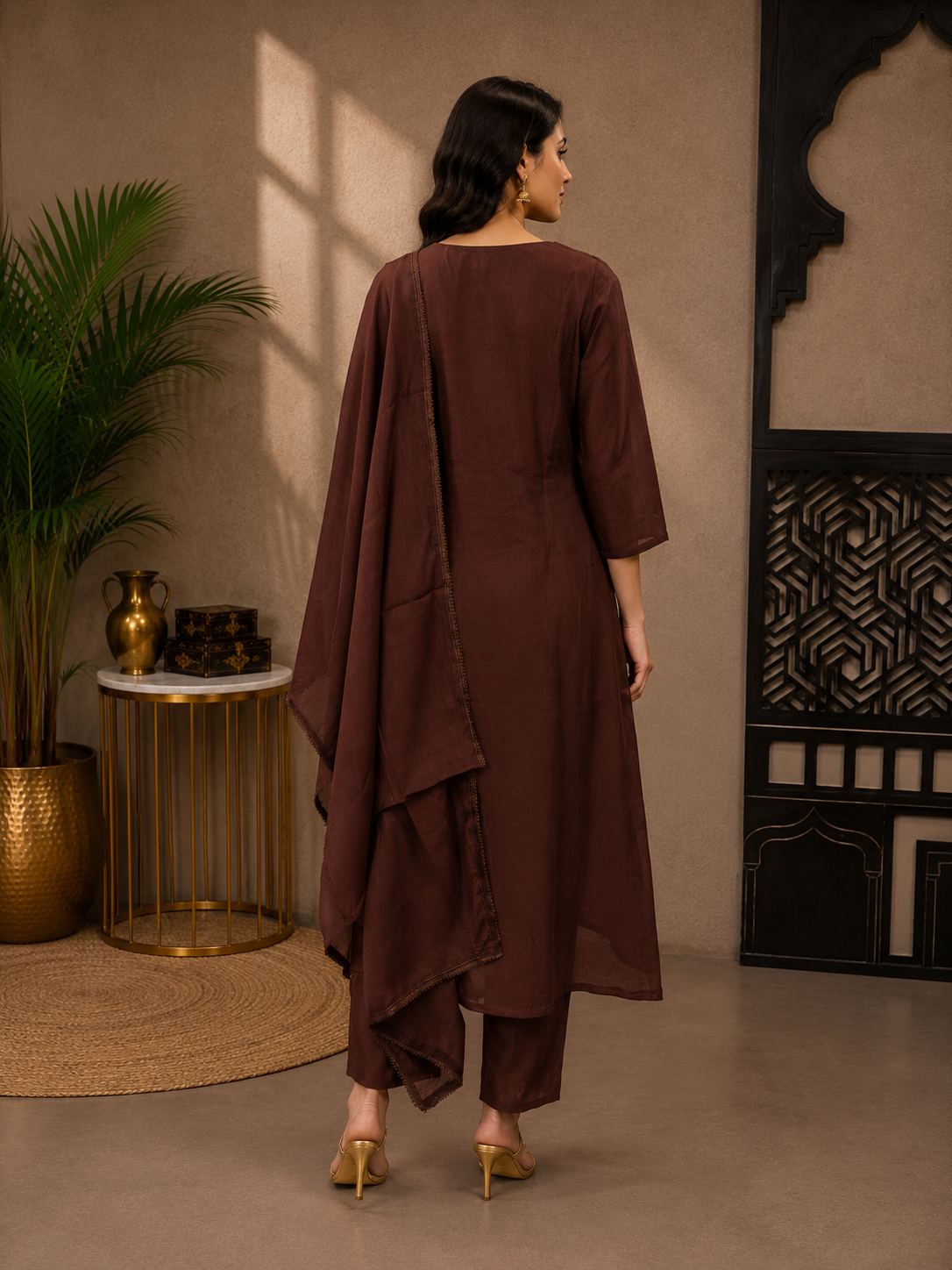 Women's Chocolate Brown Mul Chanderi Embroidered Kurta Pant Set with Dupatta