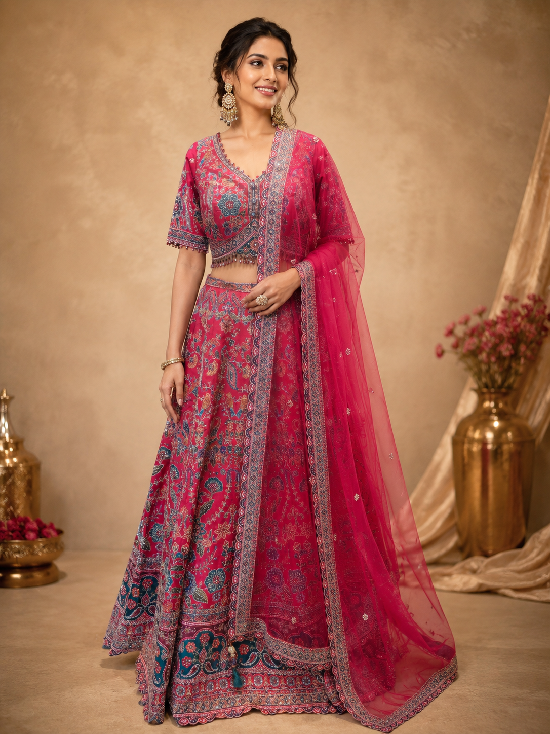 Rani Pink Silk Designer Lehenga Choli with Traditional Embroidery & Dupatta