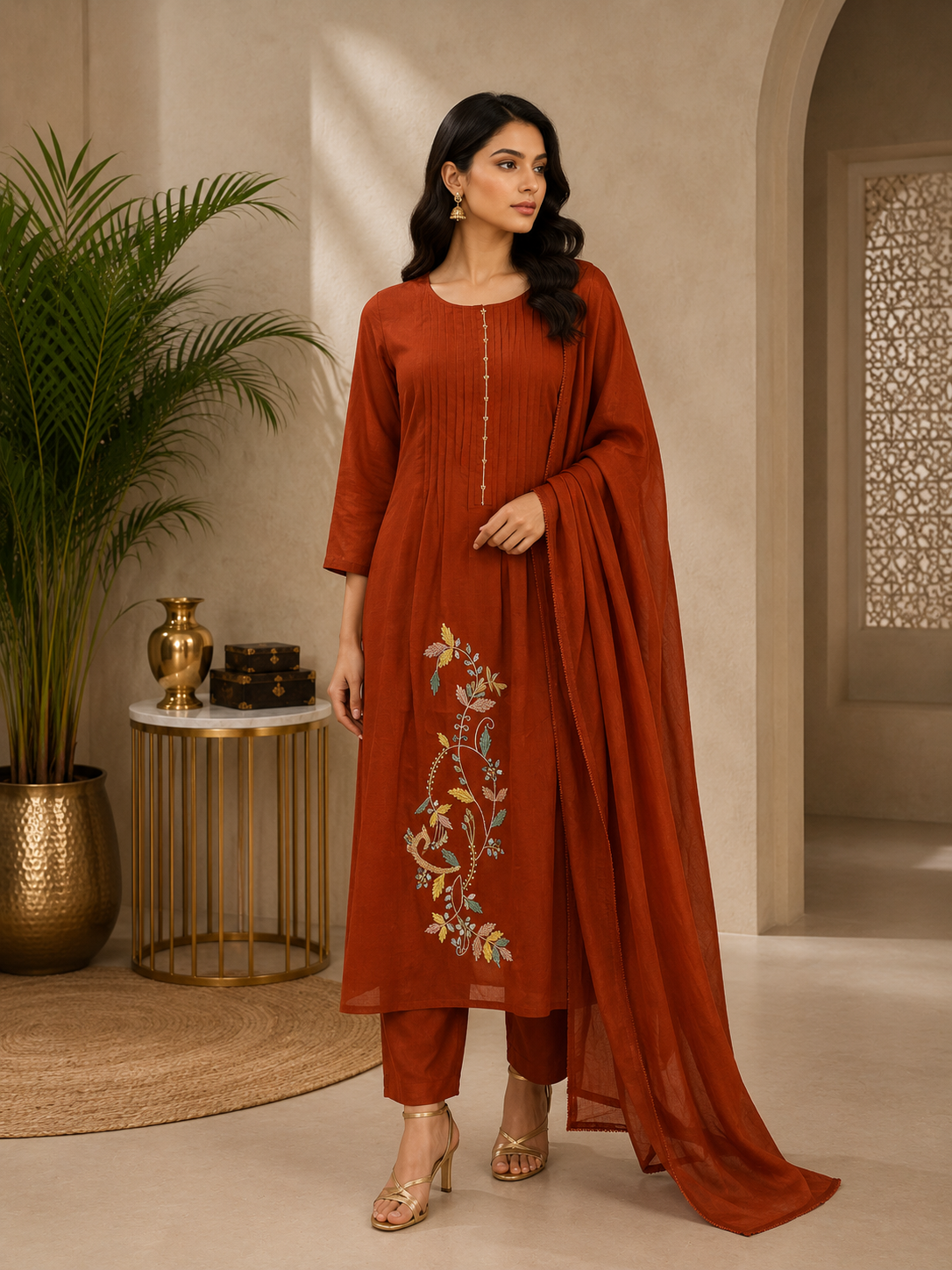 Women's Rust Mul Chanderi Embroidered Kurta Pant Set with Dupatta