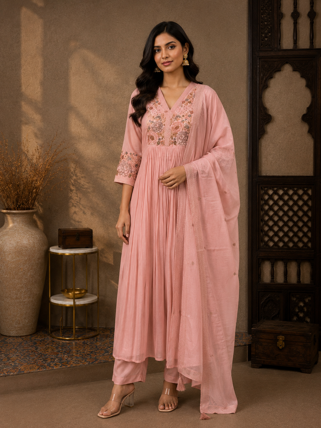 Premium Mul Chanderi Embroidered Anarkali Suit Set with Mul Chanderi Dupatta – Blush Pink