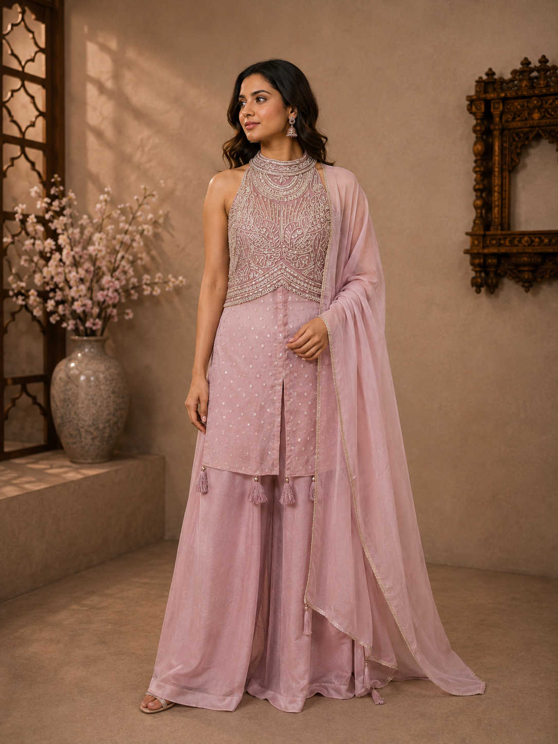 Blush Pink Tissue Embroidered Sleeveless Kurta Set with Palazzo & Dupatta