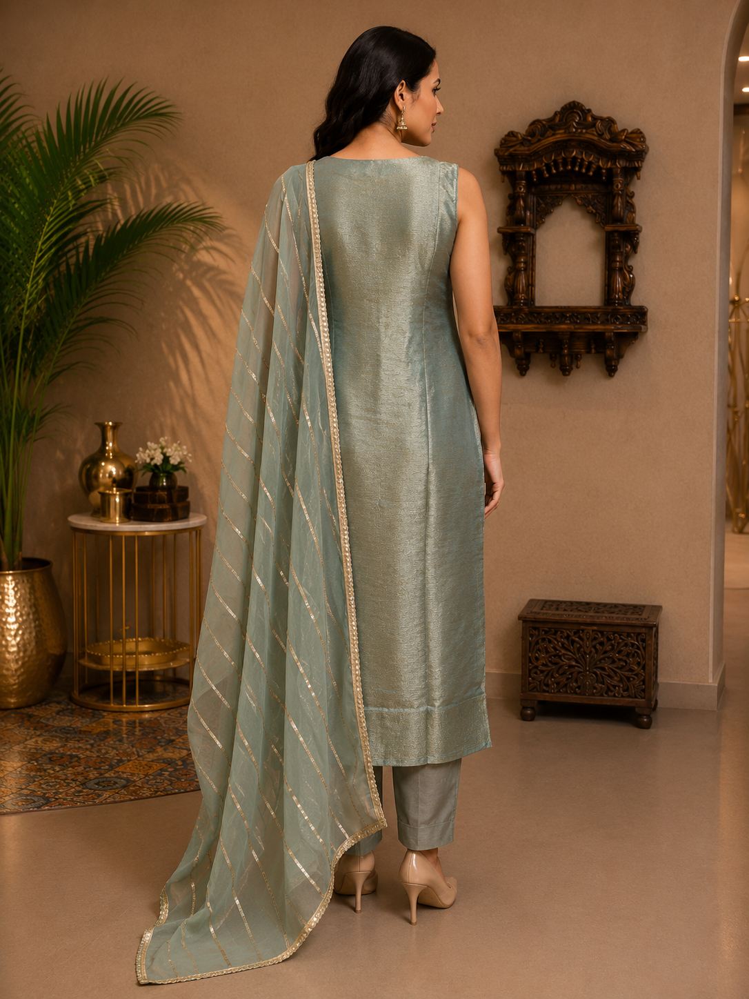 Women's Silver Grey Tissue Silk Kurta Pant Set with Embellished Dupatta