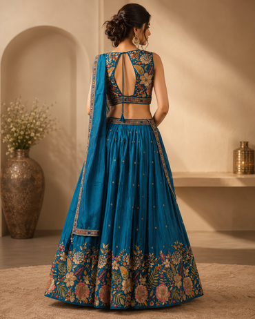 Teal Blue Silk Floral Embroidered Lehenga Set with Dupatta