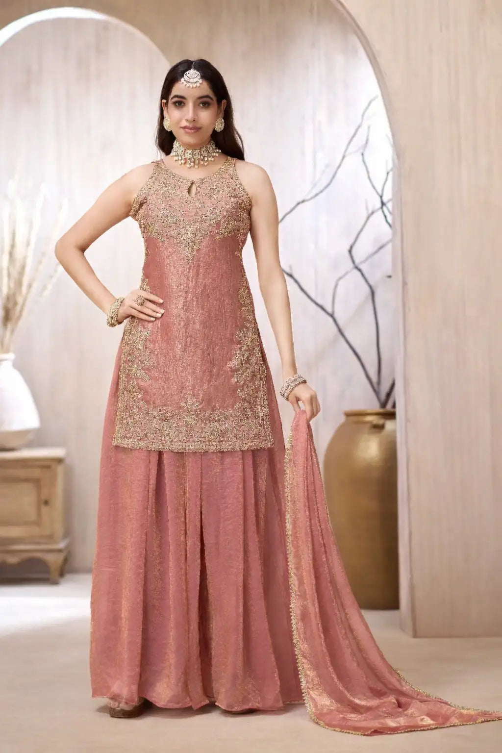 Rose Gold Tissue Embroidered Lehenga Set with Dupatta