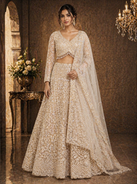 Women's Champagne Gold Embroidered Net Lehenga Choli with Dupatta