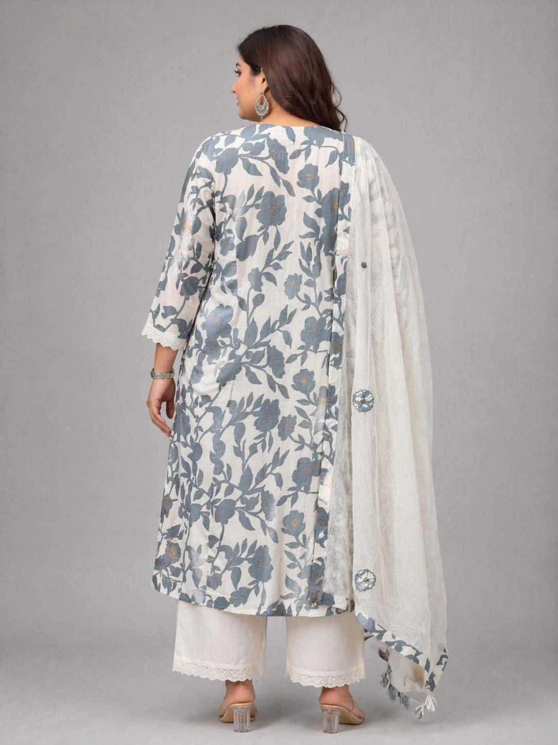 Women's Off-White & Grey Floral Printed Cotton Kurta Pant Set with Dupatta