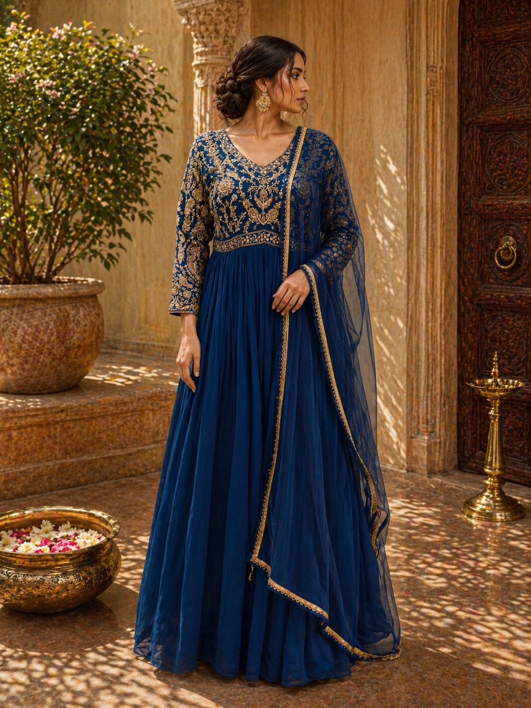 Royal Blue Georgette Anarkali Gown with Embroidered Bodice & Dupatta | Wedding & Evening Wear