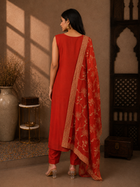 Premium Vichitra Silk Straight Suit Set with Embroidered Dupatta – Vermilion Red