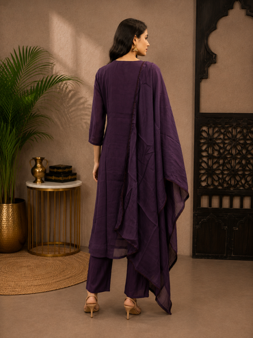 Women's Purple Mul Chanderi Embroidered Kurta Pant Set with Dupatta